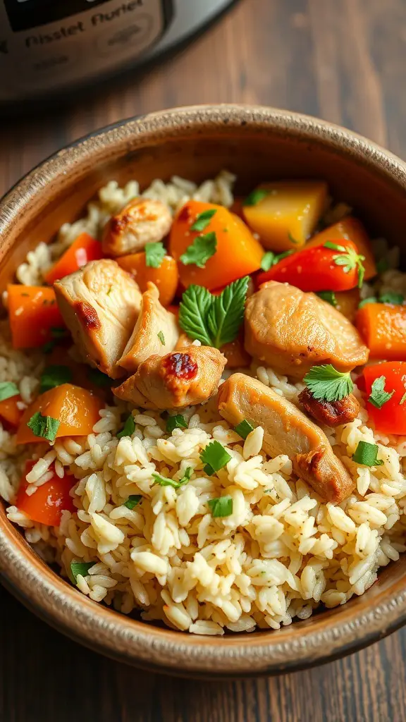 A bowl of chicken and rice with colorful bell peppers and herbs