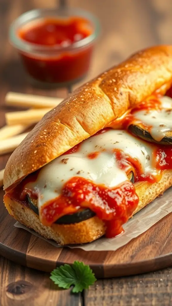 A delicious Eggplant Parmesan Hero sandwich with melted cheese and marinara sauce, served with fries.