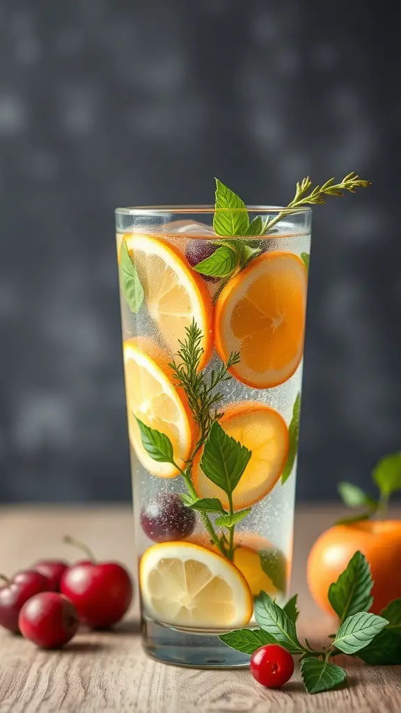 A glass of infused water with lemon and orange slices, garnished with mint leaves, alongside fresh cherries.
