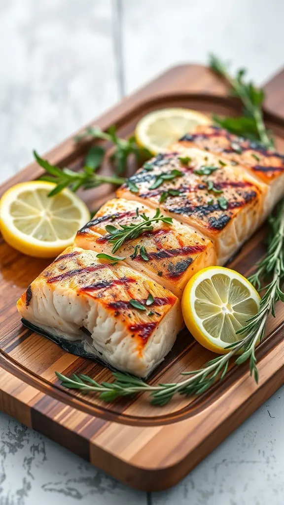 Grilled salmon fillets garnished with herbs and lemon slices on a wooden platter.