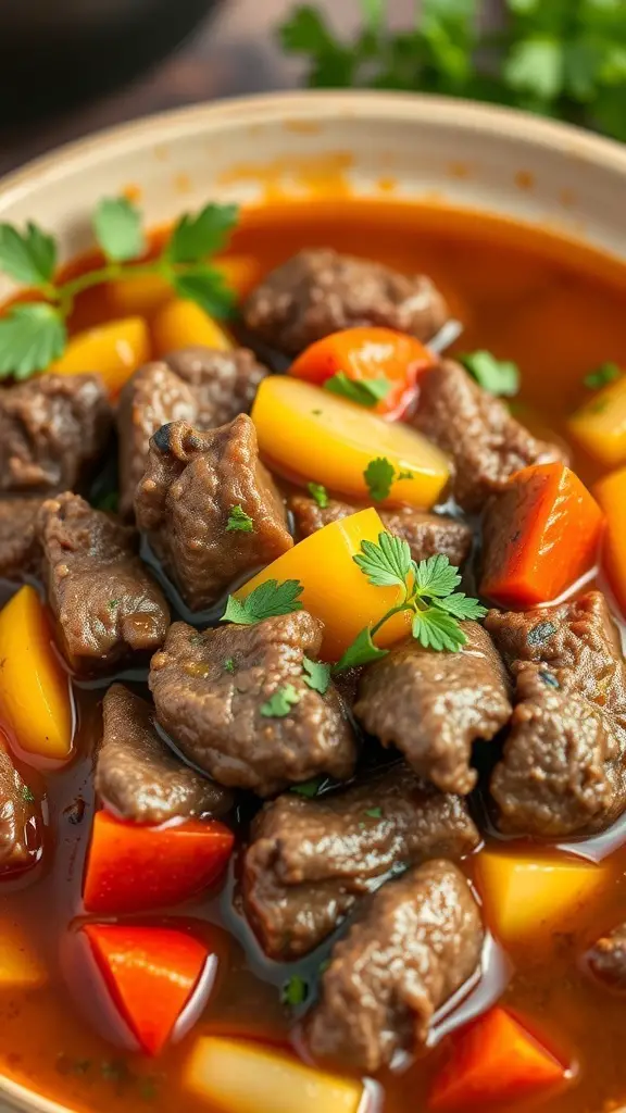 A bowl of beef stew with peppers and onions, featuring tender meat and colorful vegetables in a rich broth.
