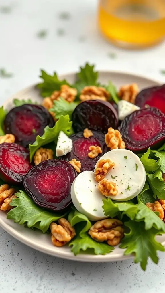 A colorful salad featuring roasted beets, goat cheese, walnuts, and mixed greens.