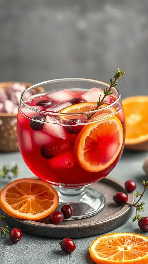 A refreshing Cranberry Orange Sparkler punch with ice, garnished with orange slices and fresh cranberries.