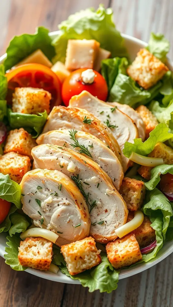 A delicious Chicken Caesar Salad with sliced rotisserie chicken, croutons, lettuce, and tomatoes.