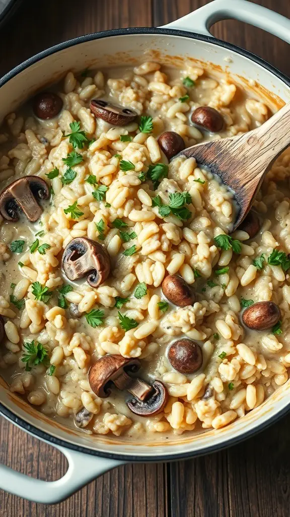 A pot of creamy mushroom risotto with mushrooms and parsley on top.