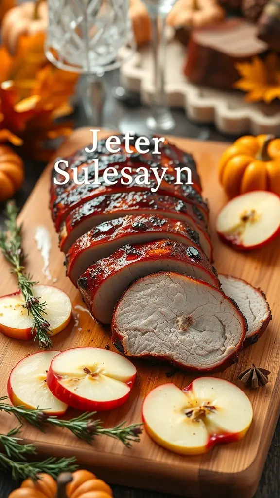 Sliced smoky BBQ pork tenderloin served with fresh apple slices and herbs on a wooden board.
