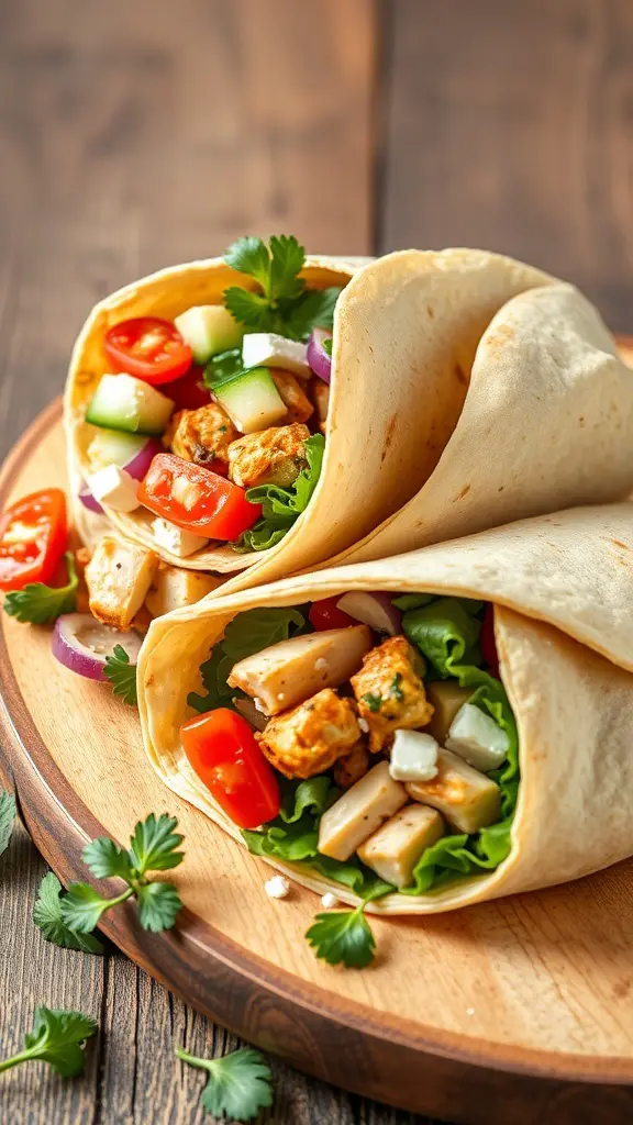 Two Mediterranean chicken wraps filled with fresh vegetables on a wooden plate.