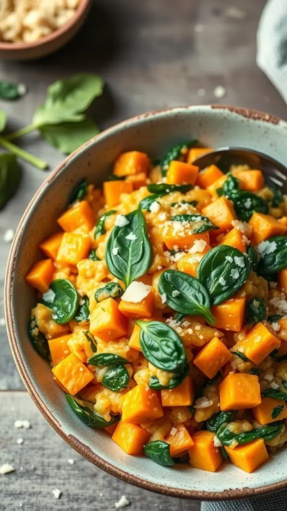 A bowl of creamy sweet potato and spinach risotto with diced sweet potatoes and fresh spinach leaves.
