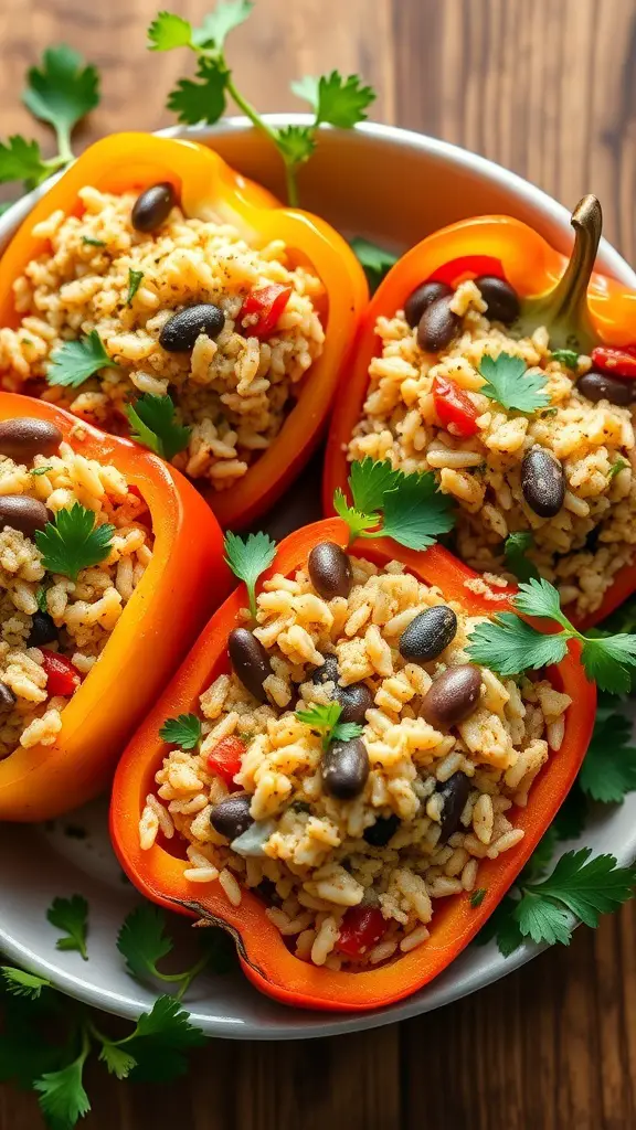 Stuffed bell peppers filled with brown rice, black beans, and garnished with cilantro.