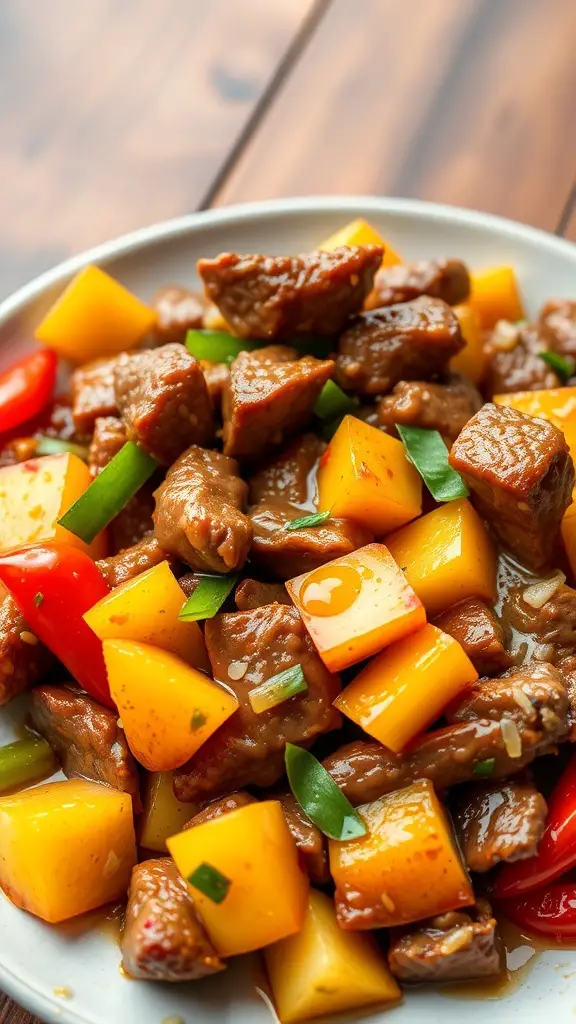 A plate of sweet and sour beef with colorful vegetables and pineapple.