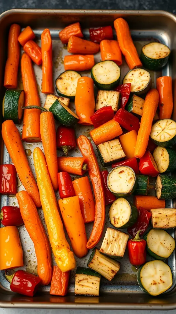 A tray of oven-roasted carrots, zucchini, and bell peppers, showcasing a colorful vegetable medley.