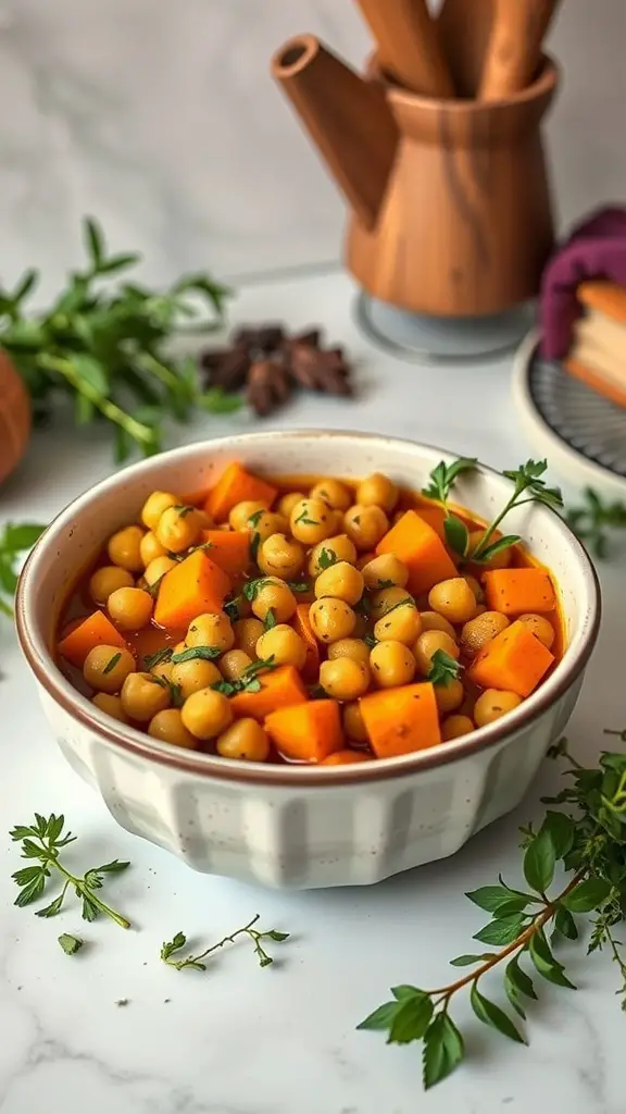 A bowl of spicy chickpea and sweet potato stew with fresh herbs on a kitchen counter.