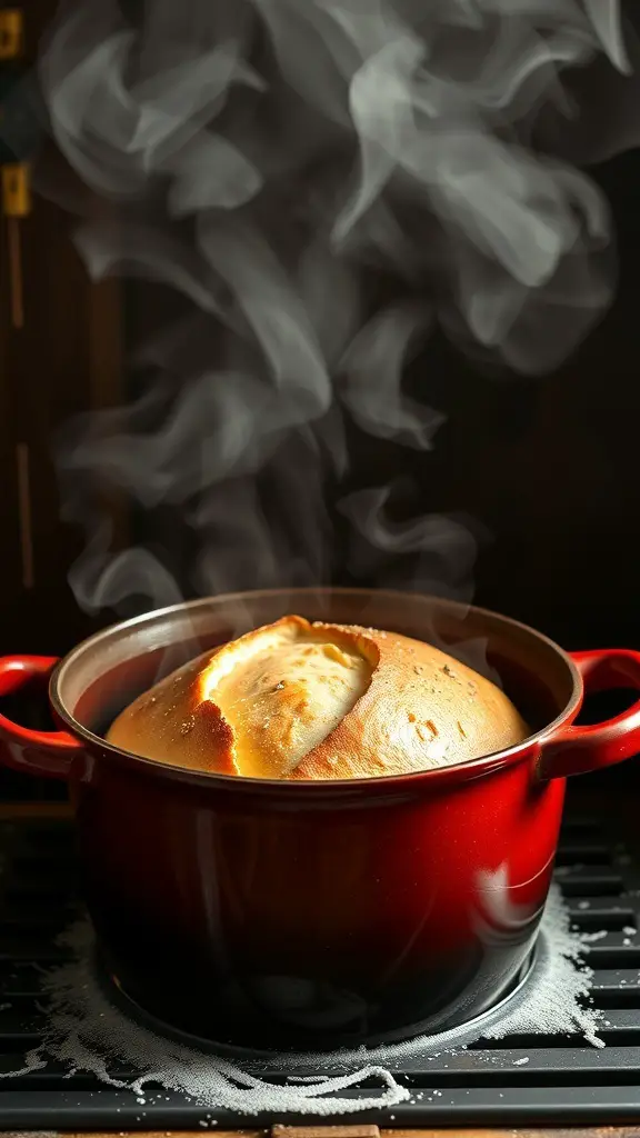 A freshly baked loaf of bread rising in a red Dutch oven with steam rising.