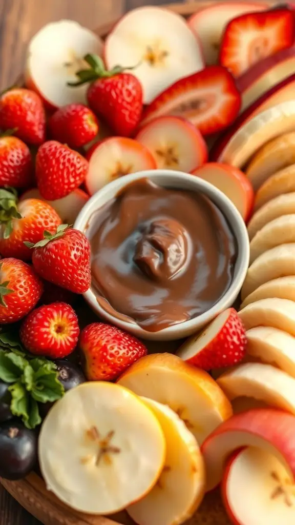 A fruit charcuterie board featuring strawberries, apple slices, and bananas arranged around a bowl of chocolate dip.
