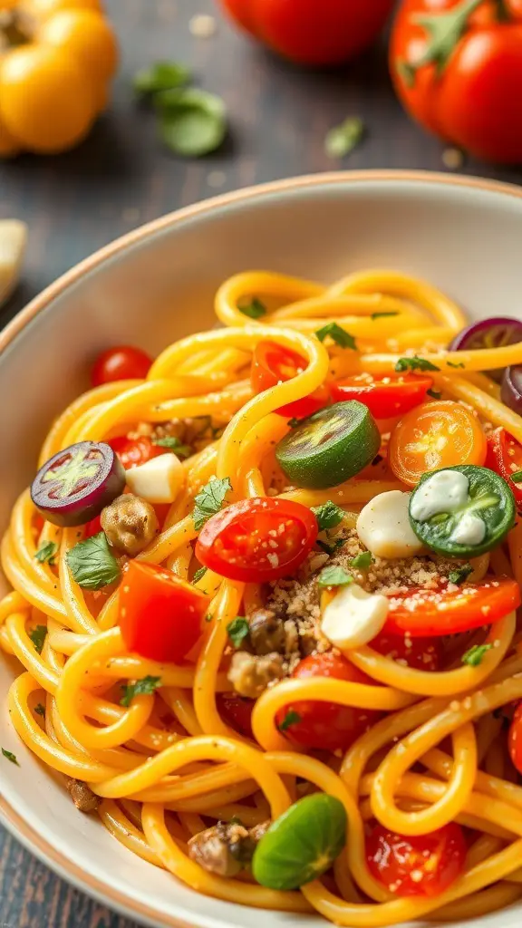 A bowl of Pasta Primavera with colorful vegetables and spaghetti.