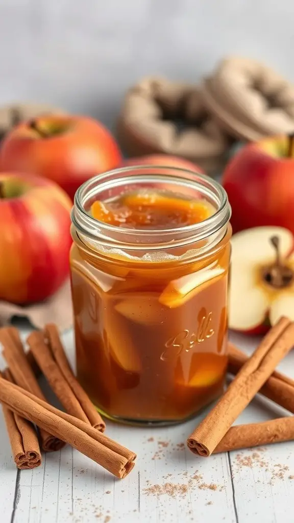 A jar of apple cinnamon jam surrounded by fresh apples and cinnamon sticks.
