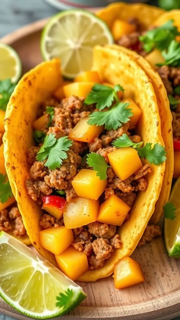 Spicy beef and potato tacos with mango and cilantro