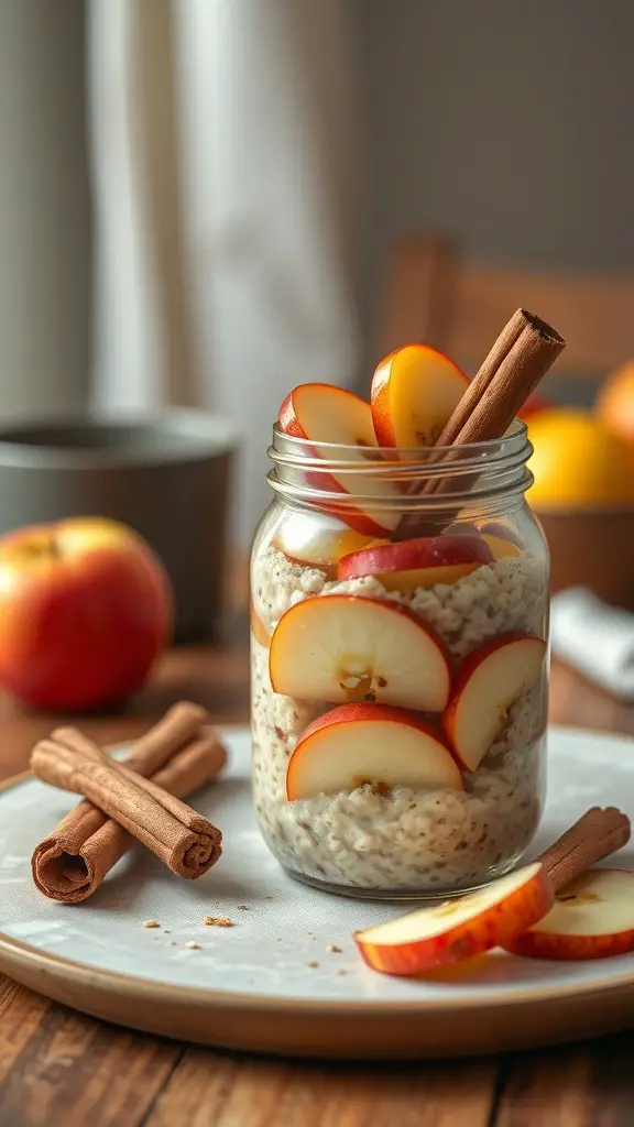 A jar of apple cinnamon overnight oats with apple slices and cinnamon sticks.