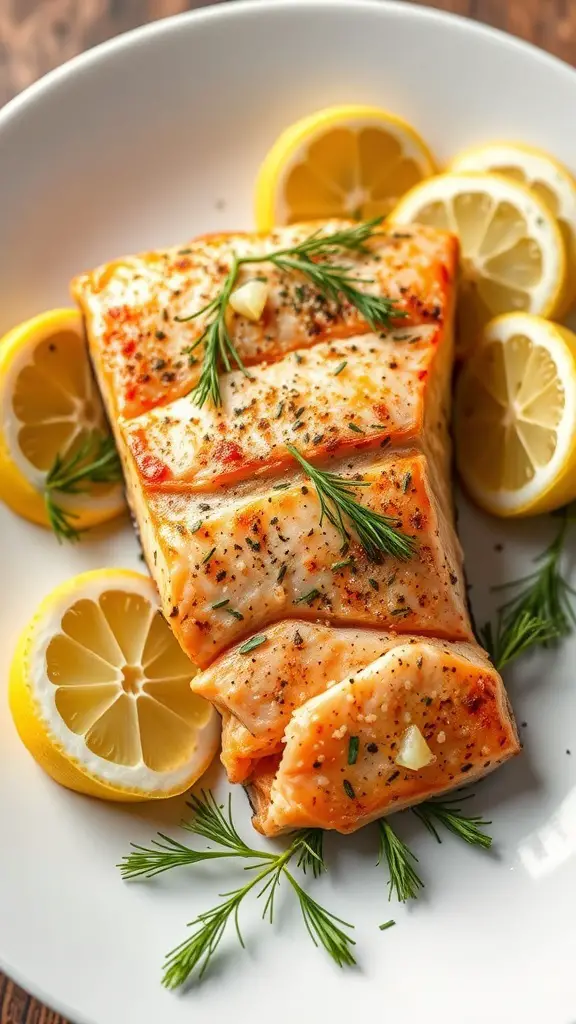 A plate of baked salmon garnished with lemon slices and dill