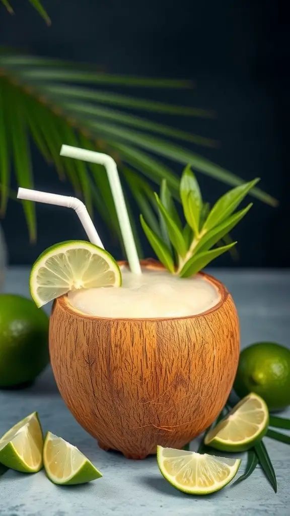 A refreshing coconut lime punch served in a coconut cup with lime slices and mint leaves.