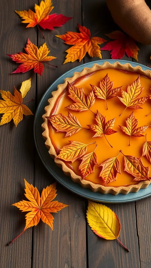A Maple Sweet Potato Tart decorated with autumn leaves on a wooden table.