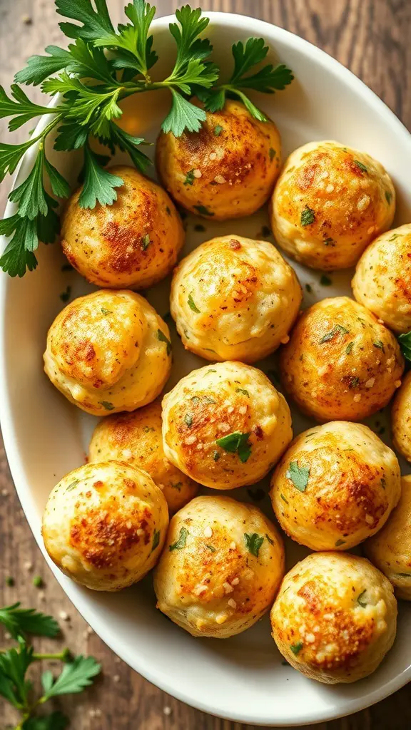 A plate of golden herbed mashed potato balls garnished with parsley.