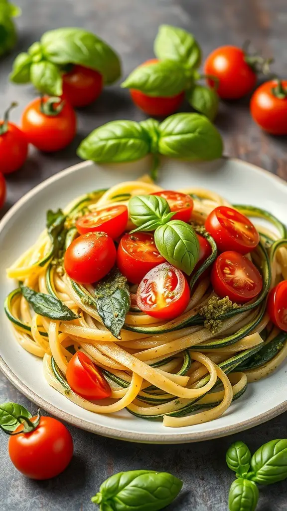 A plate of zucchini noodles topped with cherry tomatoes and fresh basil, showcasing a healthy meal option.