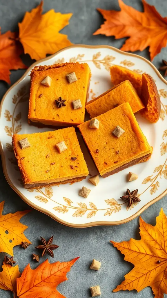 Keto pumpkin cheesecake bars on a decorative plate surrounded by autumn leaves