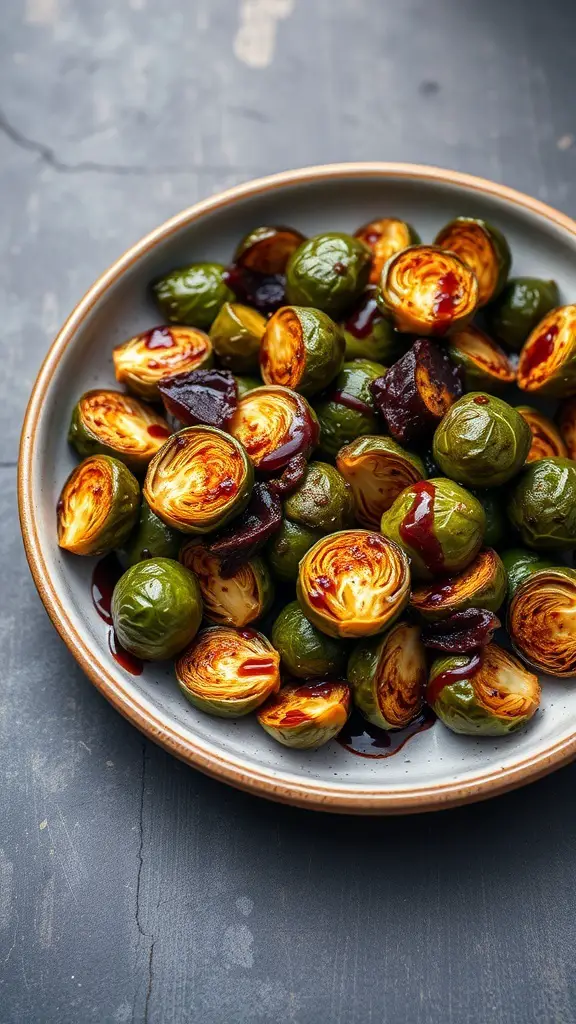 A plate of roasted Brussels sprouts drizzled with balsamic glaze.