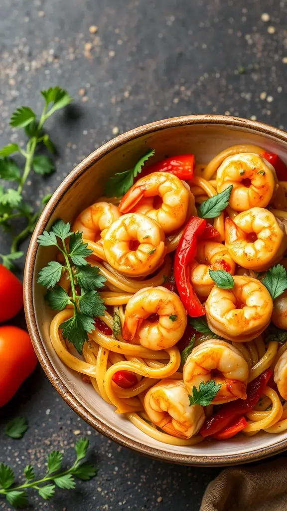 A bowl of Cajun shrimp pasta with shrimp, bell peppers, and parsley.