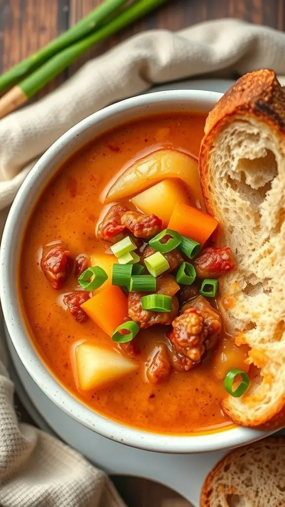 A bowl of Hatch Chili Potato Soup with vegetables and a slice of bread on the side.
