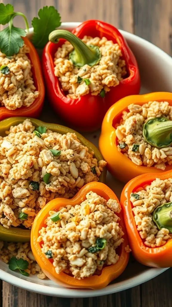 Colorful bell peppers stuffed with ground turkey and rice, garnished with herbs.