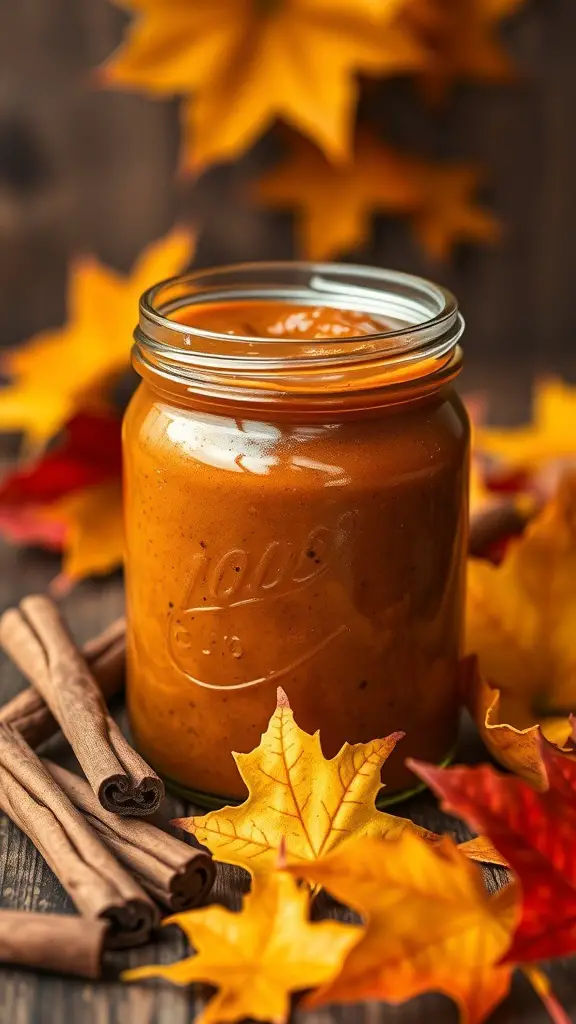A jar of spiced pumpkin butter surrounded by autumn leaves and cinnamon sticks.