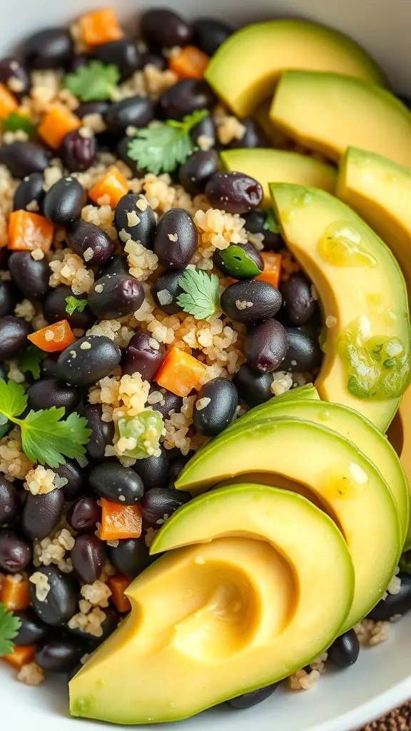 A colorful quinoa salad with black beans, diced bell peppers, and slices of avocado.
