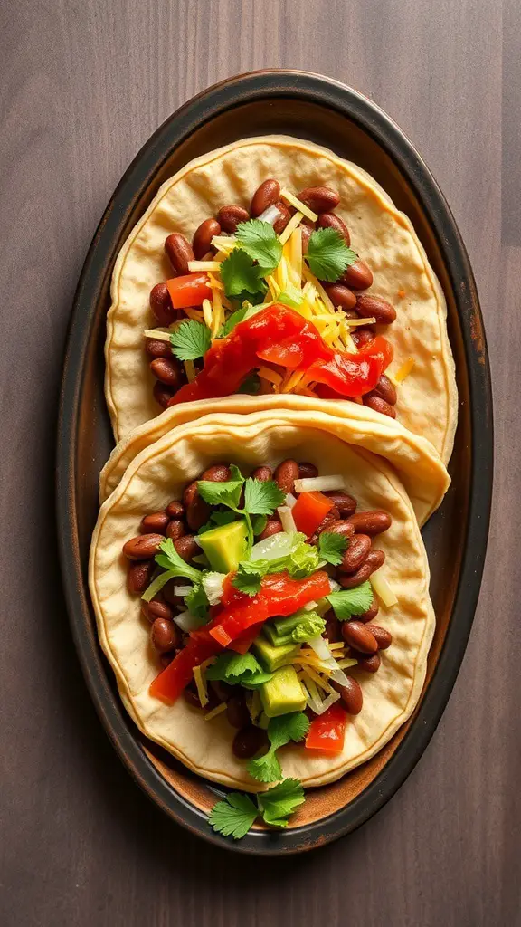 Two sopes topped with refried beans, cheese, tomatoes, green peppers, and cilantro on a plate.