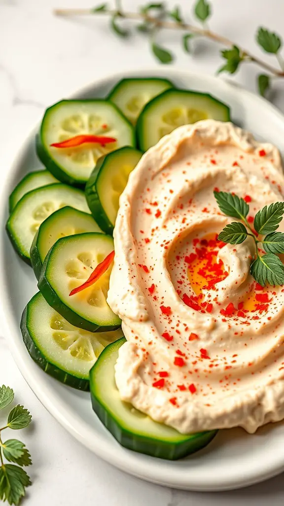 A plate of cucumber slices surrounding a scoop of hummus, garnished with paprika and herbs.