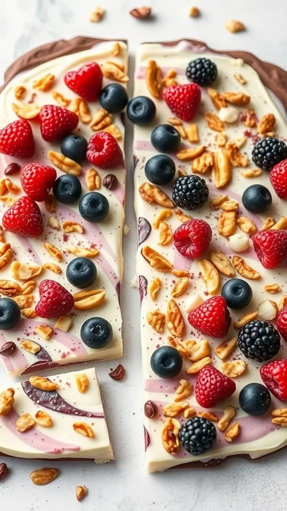 Frozen yogurt bark topped with berries and nuts, cut into pieces.