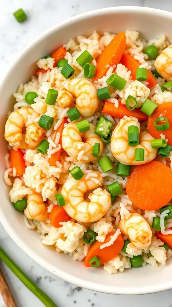 A bowl of cauliflower fried rice with shrimp, featuring colorful vegetables like carrots and peas, garnished with green onions.