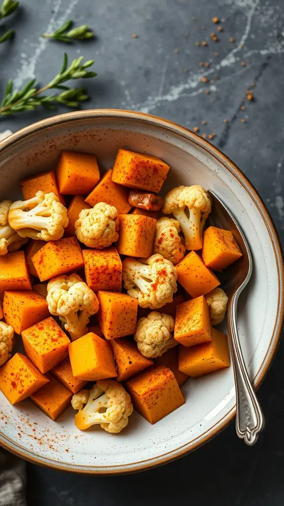 A bowl of spiced butternut squash and cauliflower, showcasing vibrant orange and white pieces seasoned with spices.