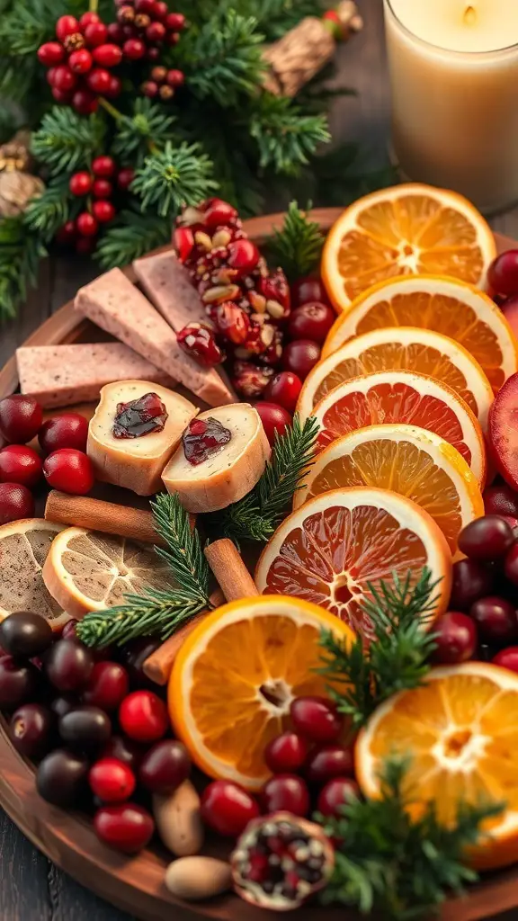 A festive holiday fruit board featuring orange slices, cranberries, nuts, and decorative elements.