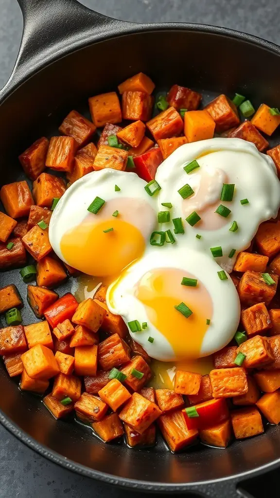 Sweet Potato Hash with Poached Eggs in a skillet