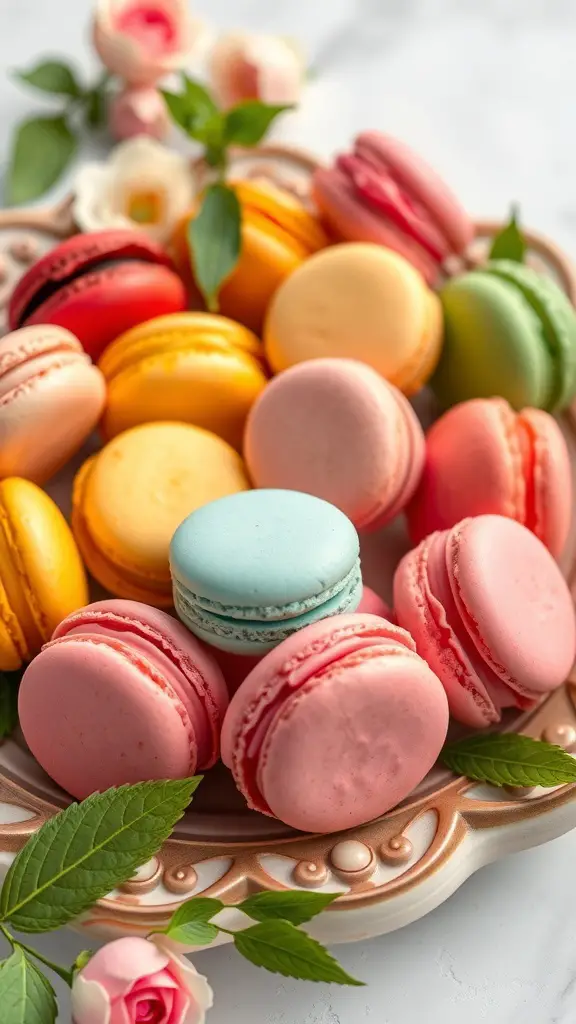 A colorful assortment of macarons on a decorative plate, featuring various flavors and vibrant colors.