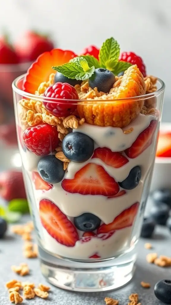 A colorful fruit and yogurt parfait in a glass with layers of yogurt, strawberries, blueberries, raspberries, and granola.