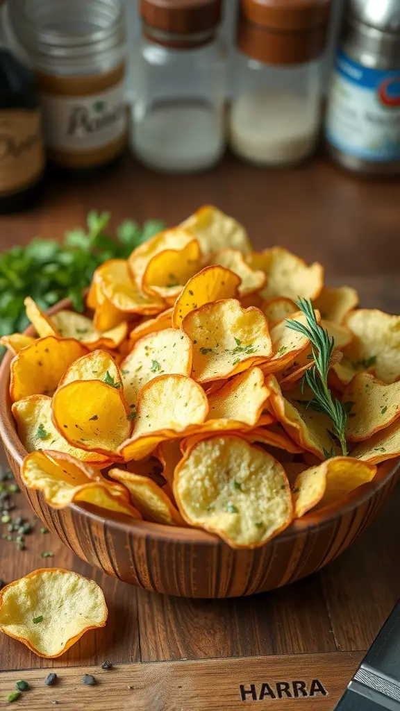 A bowl of crispy garlic Parmesan potato chips garnished with herbs.