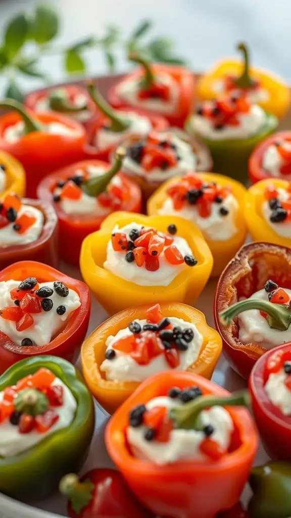 Colorful bell peppers stuffed with cream cheese and topped with caviar