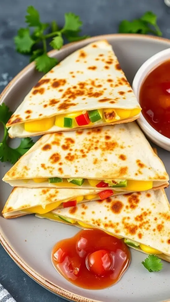 Breakfast quesadillas with eggs and veggies served with salsa