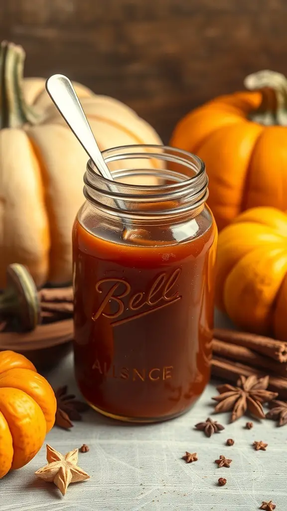 A jar of homemade pumpkin spice syrup surrounded by pumpkins and spices.