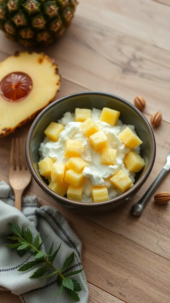 A bowl of cottage cheese topped with pineapple chunks, surrounded by almonds and a sprig of mint.