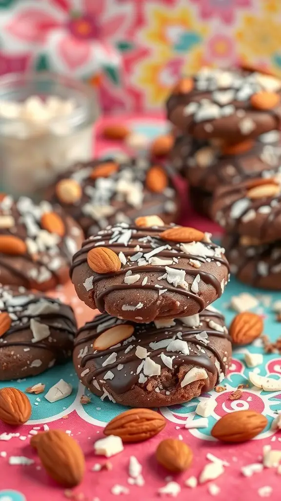 A close-up of Almond Joy Cookies topped with chocolate, almonds, and coconut on a colorful background.