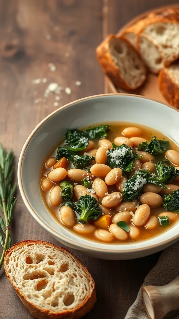 A bowl of Tuscan White Bean and Kale Stew with a slice of bread on the side.